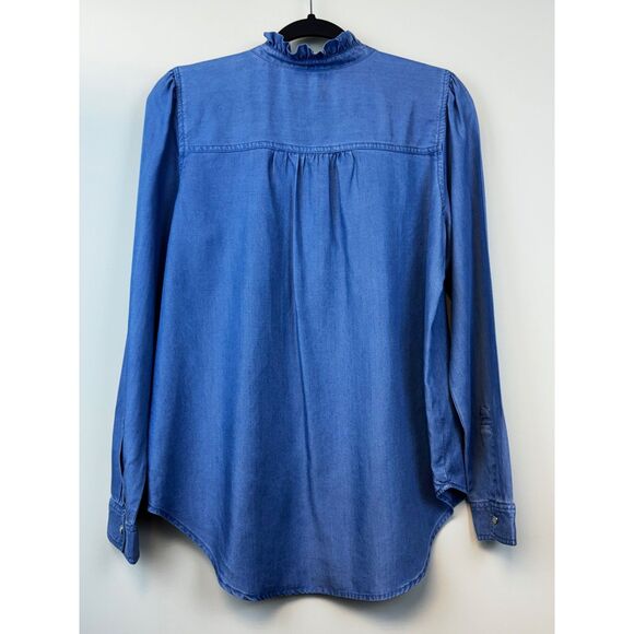 LOFT Pearl Snap Lyocell Chambray Popover Shirt Ruffle Neck, Sz S - Picture 6 of 9